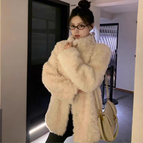 千金风羊羔毛立领皮毛一体外套