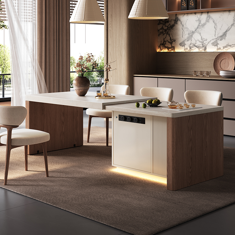 中古风岛台餐桌一体家用洞石岩板可伸缩新款中岛台餐厅胡桃木餐桌