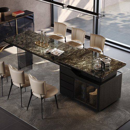 意式极简岛台餐桌一体家用别墅餐厅岛台吧台奢石大理石岛台餐台