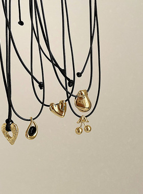 中式黑色皮革绳子吊坠项链