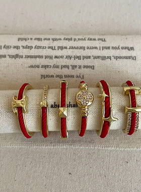 新年本命年红绳锆石字母戒指女复古个性时尚潮流百搭指环戒子