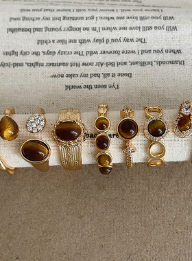 新款简约虎眼石锆石金色戒指