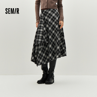 森马半身裙女冬磨毛格纹长裙2025新款 设计感不规则A字裙 甜酷个性