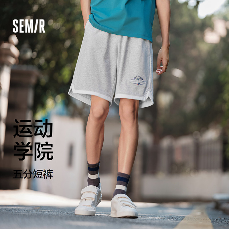 森马休闲中裤夏季撞色假两件五分短裤男款印花绣花宽松运动学院风