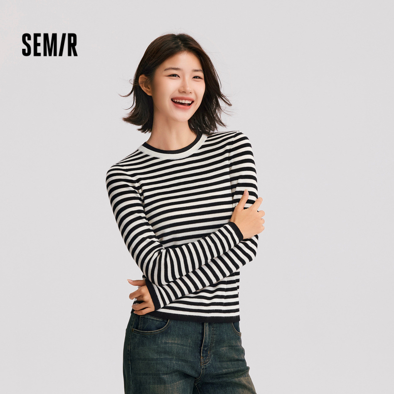 森马针织衫女条纹假两件内搭简约冬季2024新款含羊毛套头毛衫修身