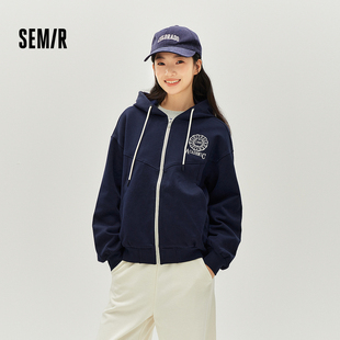 森马外套女春季 连帽字母刺绣宽松落肩质感夹克分割气质学院风上衣