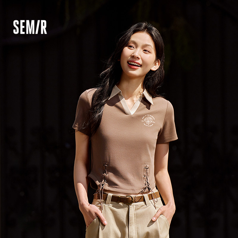 【商场同款】森马POLO衫女短款印花2025夏季上衣修身绑带复古辣妹