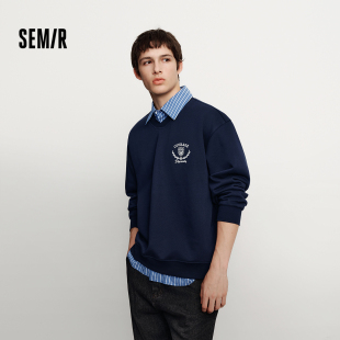 oversize绣花上衣 加绒2025新款 森马卫衣男冬季 学院风假两件情侣装