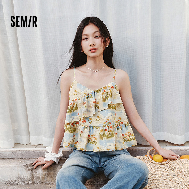 森马衬衫女短款黑色荷叶边度假风2025夏新款甜美满印吊带小衫俏皮