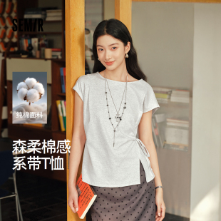 温柔系上衣 一字领蝴蝶结开叉分割纯棉2026新款 森柔 森马T恤女夏季