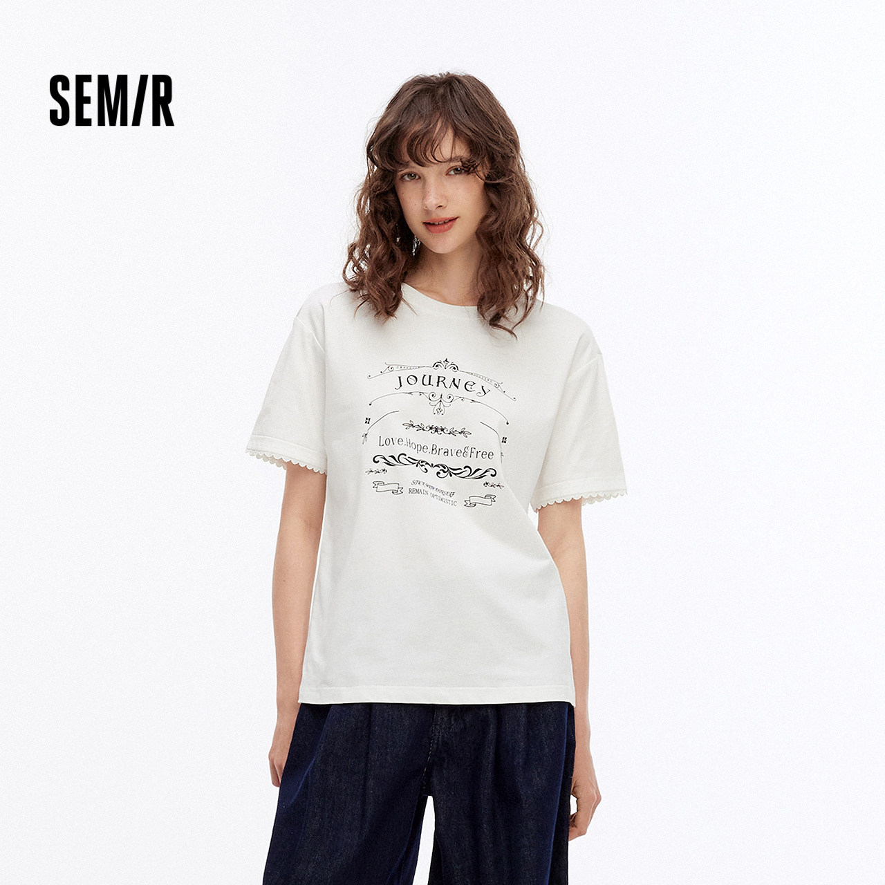 森马短袖T恤女夏季字母印花宽松套头衫花边气质时尚潮流个性上衣