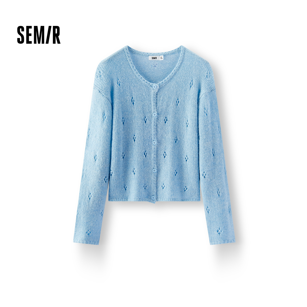 森马镂空落肩圆领短款针织开衫女