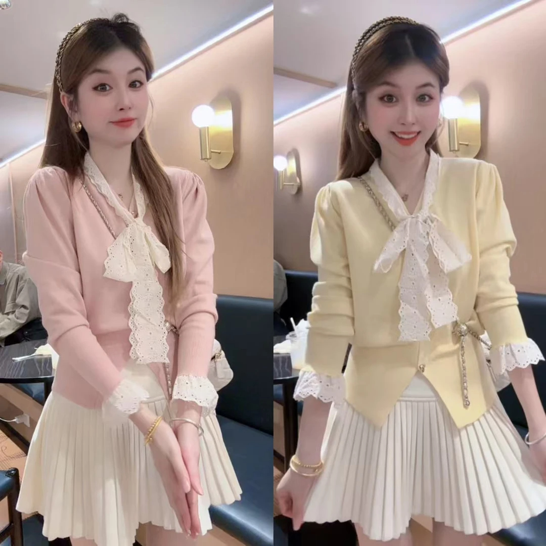 法式小香风甜美蕾丝蝴蝶结领针织毛衣女春秋内搭开衫上衣A10094