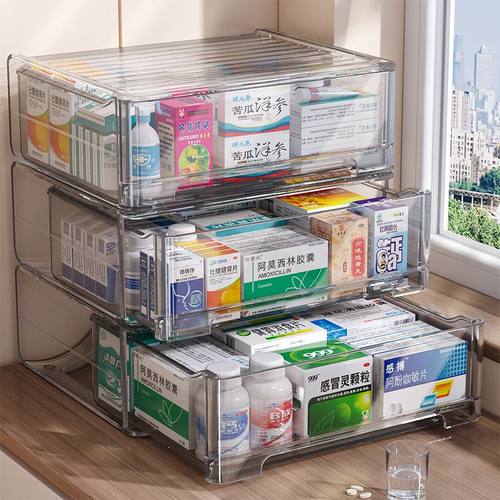 透明药盒药品收纳盒抽屉式药品收纳柜家用置物架医药箱家庭装多层