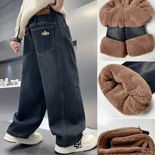 男童加绒加厚牛仔裤一体绒新款儿童牛仔裤中大童秋冬帅男孩阔腿裤
