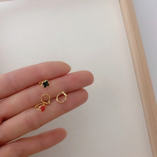 s925银滴油四叶草爱心小耳圈隐形免摘耳骨扣耳廓耳夹耳钉小耳环女