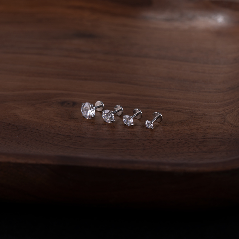 闪钻钛钢抓锆石平底内螺纹超短针穿刺耳钉耳廓耳骨边耳皮小耳骨钉
