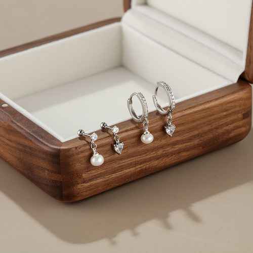 微镶满钻耳扣爱心珍珠吊坠耳圈抓锆钛钢螺纹细针吊坠耳骨钉小耳钉