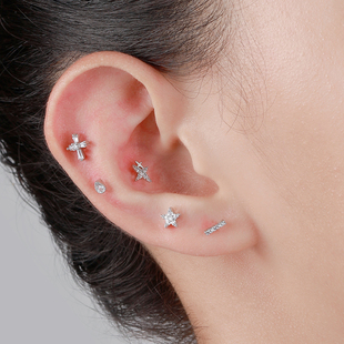 精致微镶锆石钛钢螺丝针耳钉迷你小号耳骨钉睡觉免摘小耳钉耳蜗钉