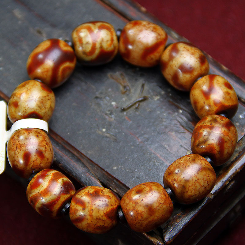 西藏红玉髓宝源天珠手链手串老玛瑙12颗一线药师水纹财神