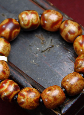 西藏红玉髓宝源天珠手链手串老玛瑙12颗一线药师水纹财神