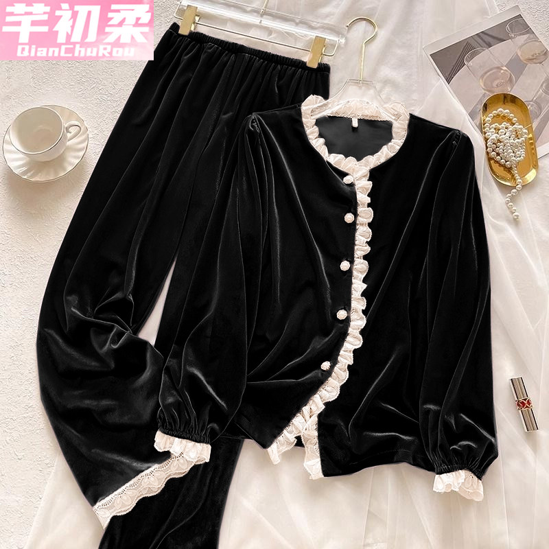 高级感金丝钻绒睡衣女春秋冬季娃娃领长袖长裤法式甜美家居服套装