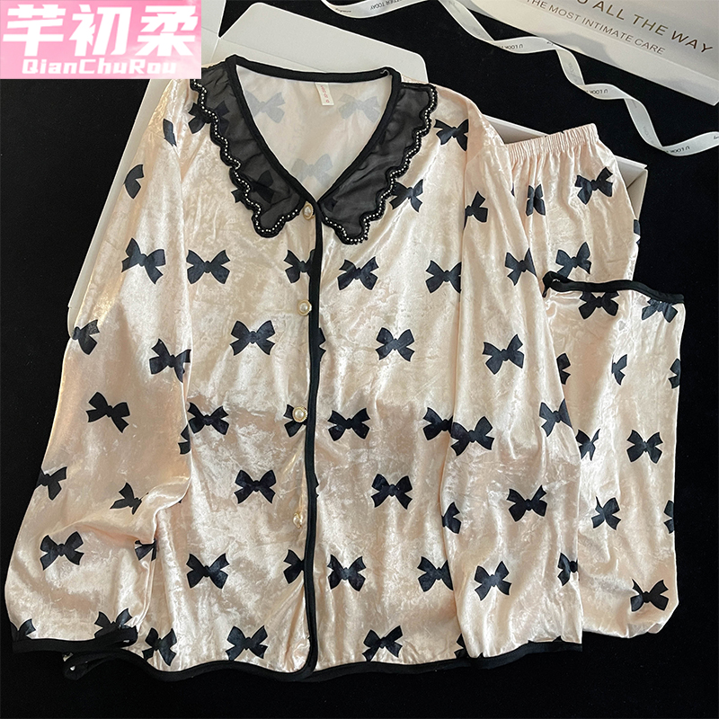 钻石金丝绒睡衣女2025春秋冬开衫款甜美公主高级感家居服蕾丝花边