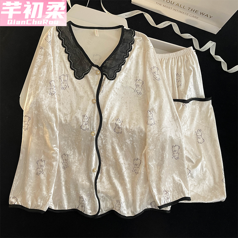 钻石金丝绒睡衣女2025春秋冬开衫款甜美公主高级感家居服蕾丝花边