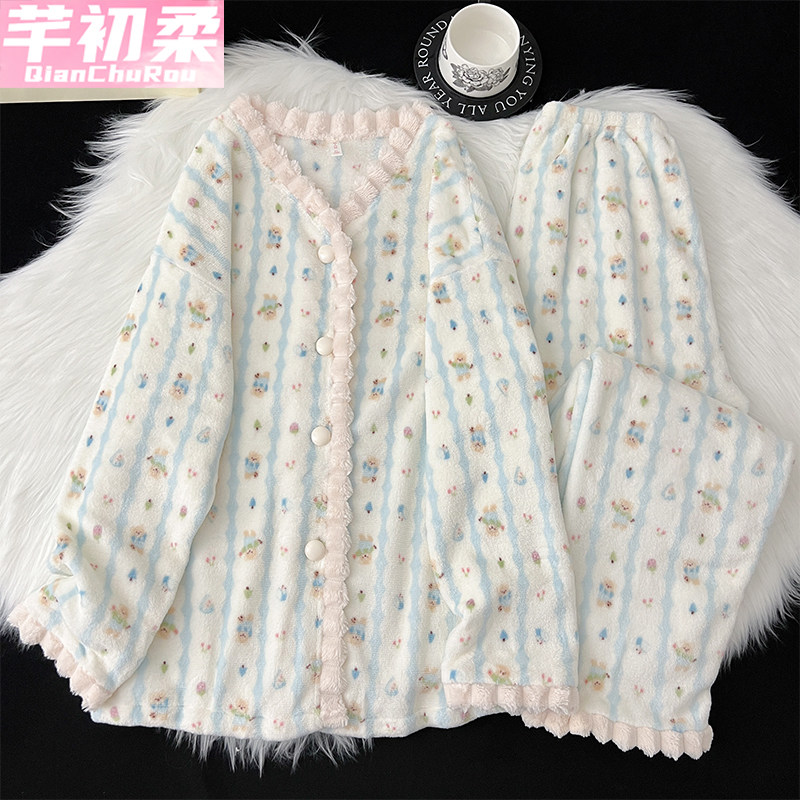 法兰绒睡衣女新款冬季珊瑚绒绿色加绒加厚保暖长袖开衫家居服套装