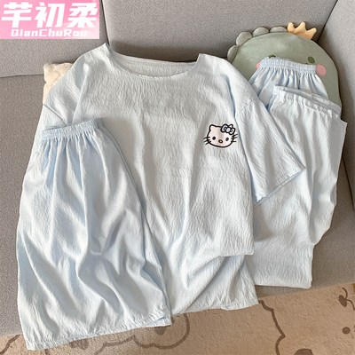 睡衣三件套女夏季云朵棉短袖短裤长裤圆领夏天纯色卡通家居服套装