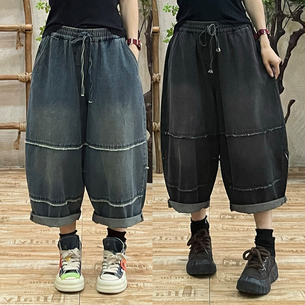 2025春季新款复古个性牛仔裤女宽松大码休闲减龄百搭裤吊裆灯笼裤