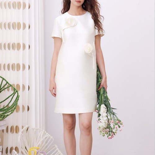安所ANSUO专柜正品女装2025夏短袖圆领带花朵直筒连衣裙 GX1L235
