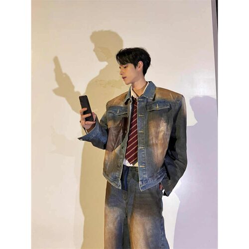 韩系高街泥染做旧短款牛仔夹克春秋废土风时尚套装dirtyfit裤子男