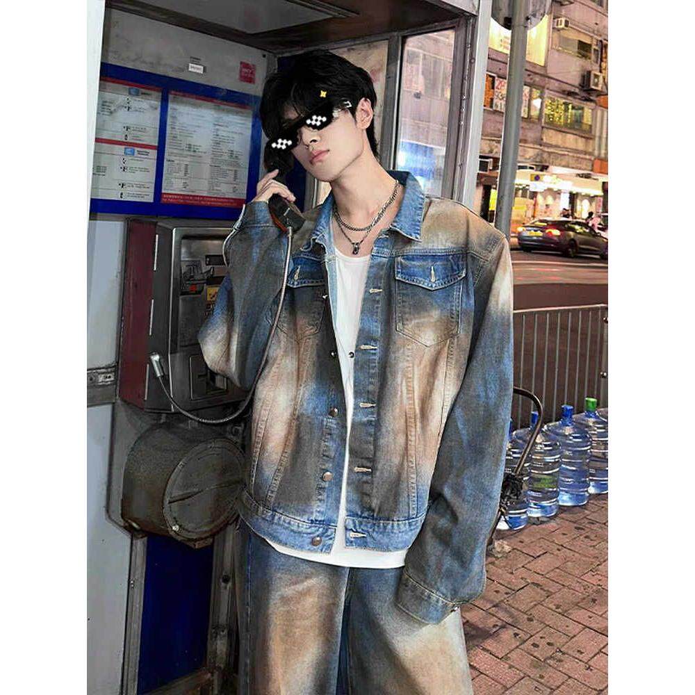 铁锈蓝短款垫肩牛仔外套男高级感痞帅工装夹克水洗做旧牛仔衣褂子