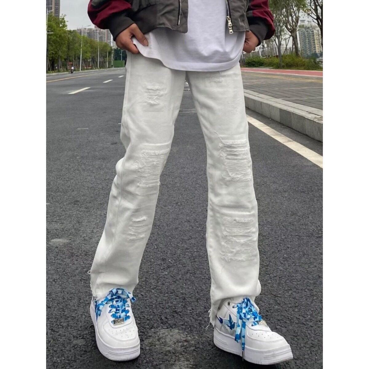 欧美vibe风直筒显瘦毛边破洞牛仔裤男ins潮牌高街黑色微喇叭长裤