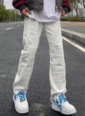 欧美vibe风直筒显瘦毛边破洞牛仔裤男ins潮牌高街黑色微喇叭长裤