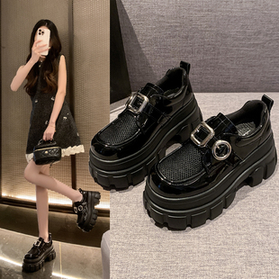 英伦风厚底乐福鞋女2026年夏季单网透气黑色搭扣增高小个子女单鞋