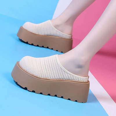 一脚蹬勃肯鞋厚底增高8CM网面凉拖鞋女夏2025新款懒人包头半拖鞋