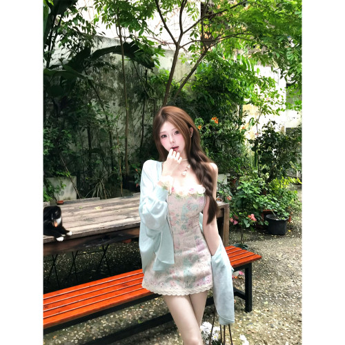 【瑞茜】浅夏花境 春季甜美开衫碎花吊带连衣裙 R66623H