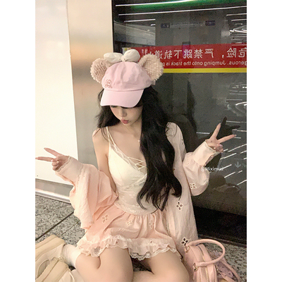 【瑞茜】粉桃椰椰 春夏休闲宽松长袖衬衫镂空背心短裙R3350-1W