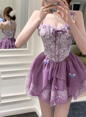 【瑞茜】紫苑蝶 夏季新款纯欲风收腰显瘦吊带连衣裙R6062H