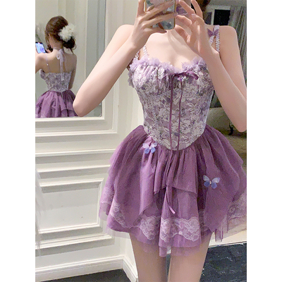 【瑞茜】紫苑蝶 夏季新款纯欲风收腰显瘦吊带连衣裙R6062H