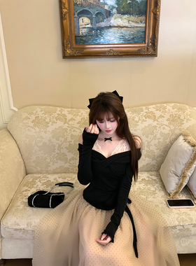 【瑞茜】云间芭蕾 秋冬纯欲千金风长袖波点长半裙R66318-1H