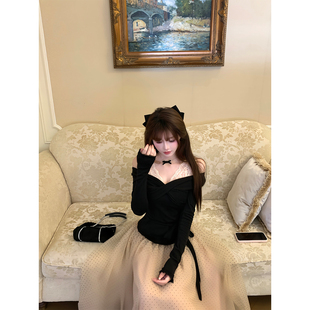 【瑞茜】云间芭蕾 秋冬纯欲千金风长袖波点长半裙R66318-1H