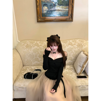 【瑞茜】云间芭蕾 秋冬纯欲千金风长袖波点长半裙R66318-1H