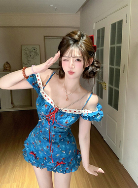 【瑞茜】青珐琅雪 夏季甜美修身收腰显瘦碎花短款连衣裙R3415W