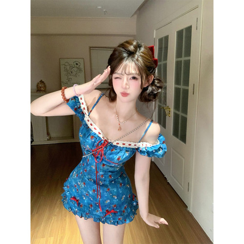 【瑞茜】青珐琅雪 夏季甜美修身收腰显瘦碎花短款连衣裙R3415W