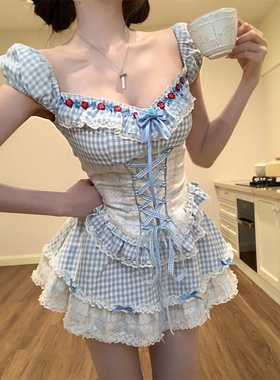 【瑞茜】奶蓝少女 田园风法式原创小众设计上衣短裙R6529-1H