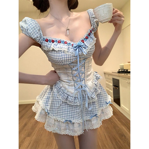 【瑞茜】奶蓝少女 田园风法式原创小众设计上衣短裙R6529-1H