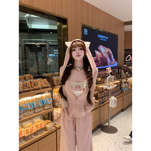 【瑞茜】慵懒猫咪 早秋网红风连帽上衣背心阔腿长裤R2337-1L